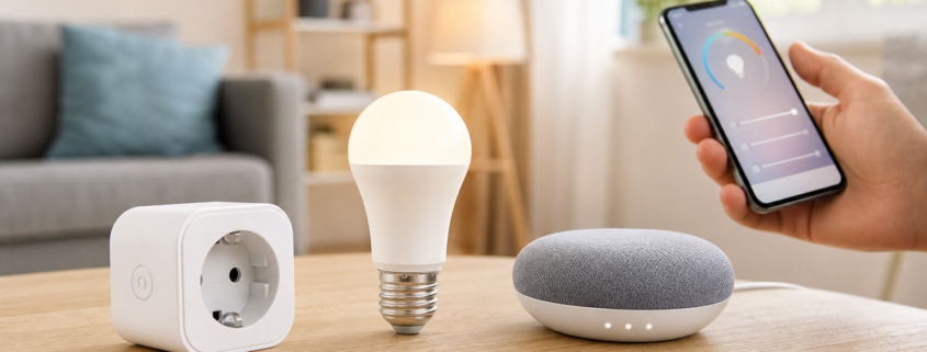 Günstige Smart-Home-Einsteigergeräte mit Smartphone-App im Wohnzimmer