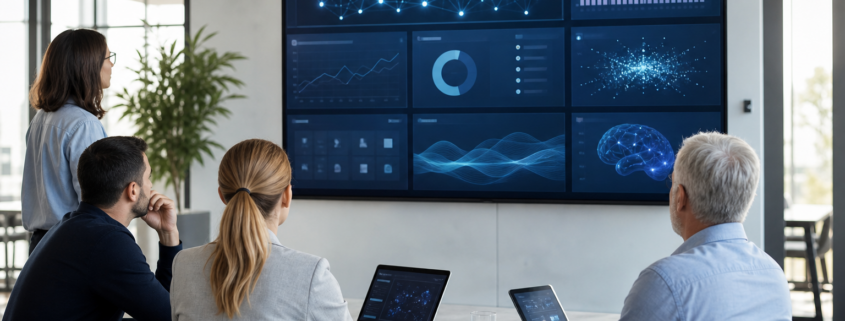 Mittelständisches Team betrachtet ein Dashboard mit vernetzten Geräten und KI-Analysen