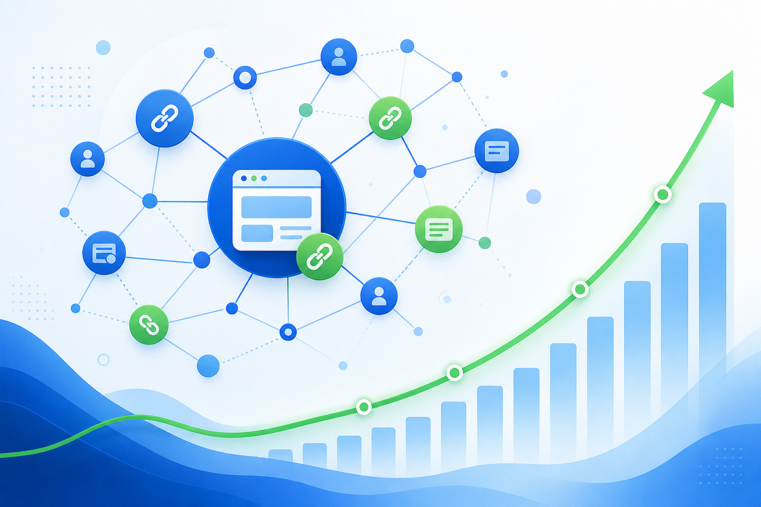 SEO- und Linkbuilding-Strategie mit verbundenen Datenpunkten und Domains