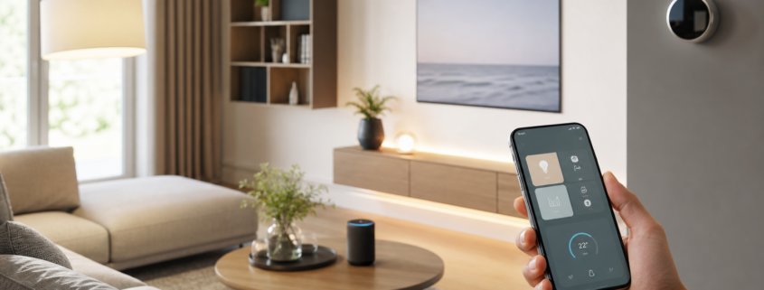 Smart Home im Wohnzimmer mit Smartphone-App